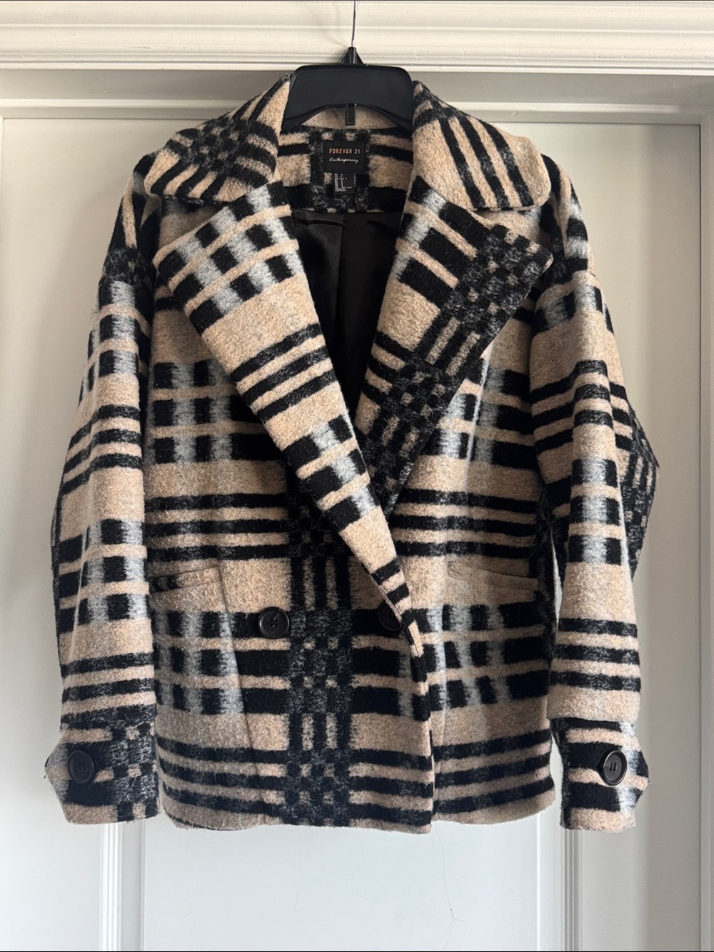 Forever 21 Beige and Black Plaid Peacoat